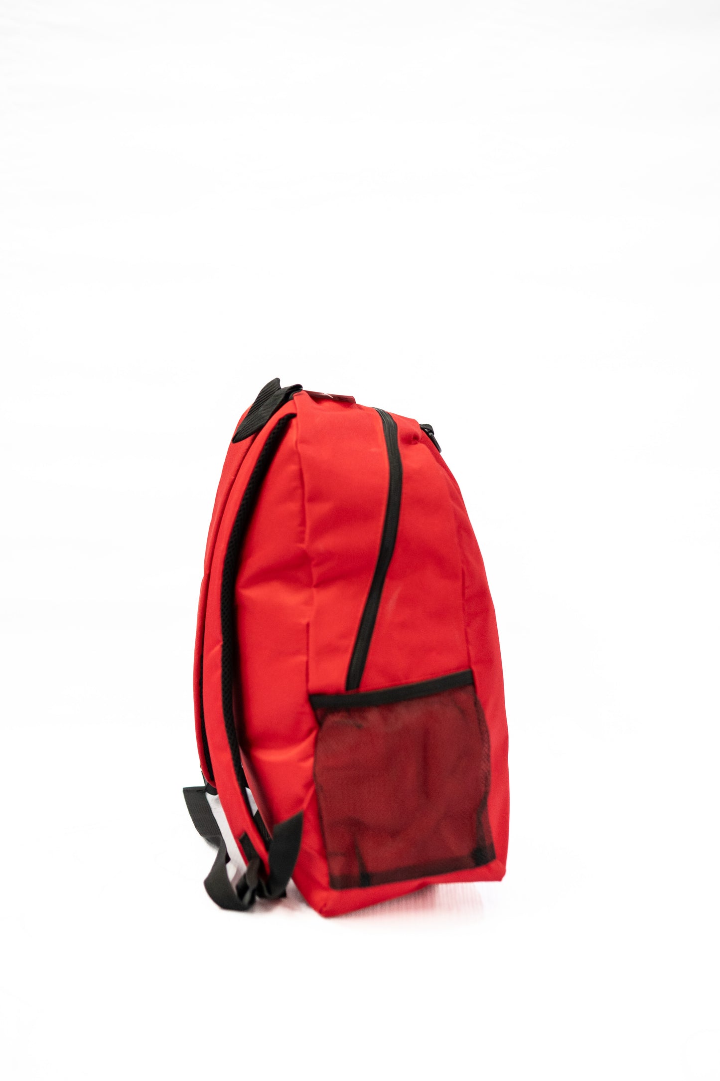 Red backpack with black accents on a white background

