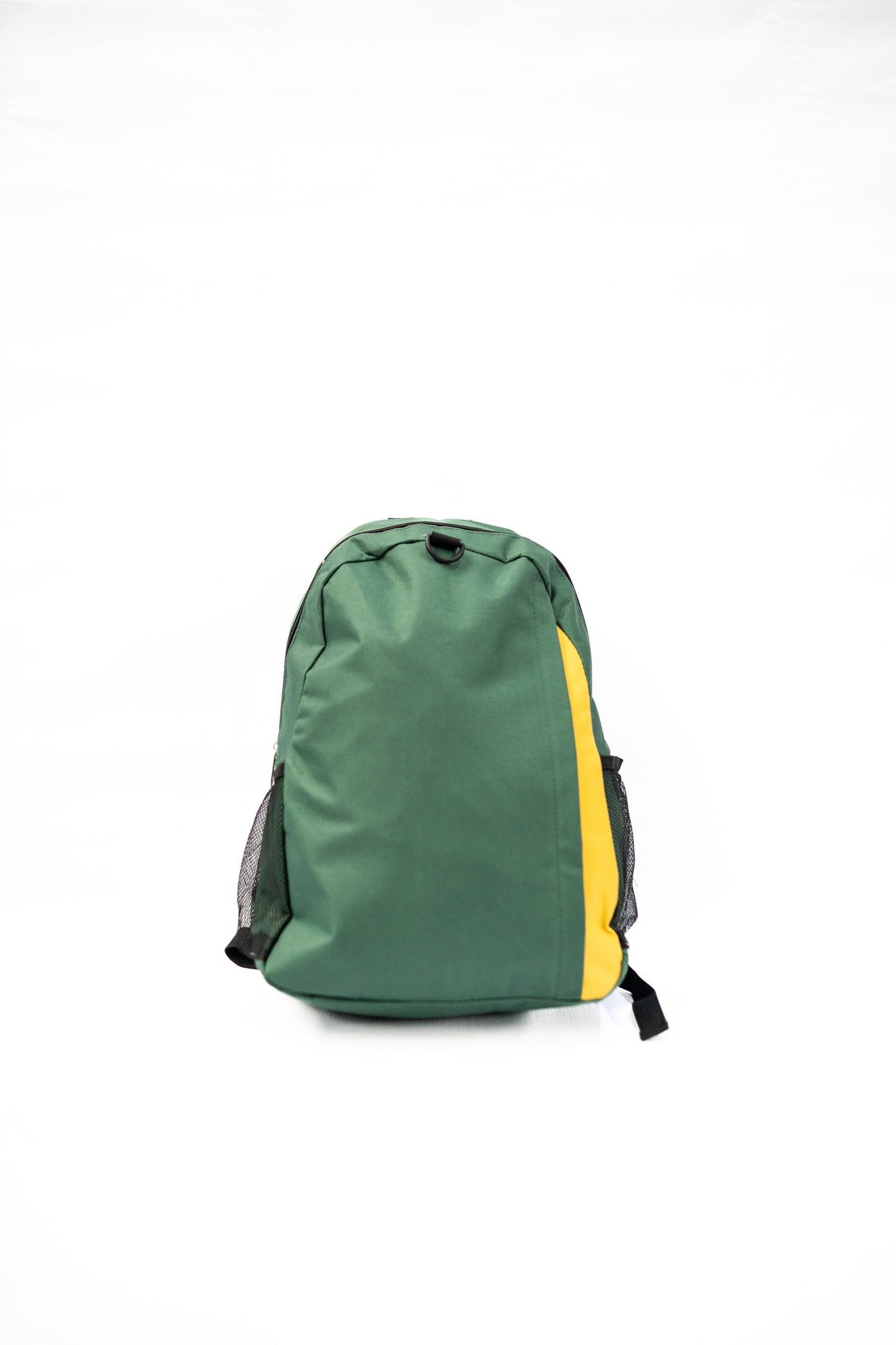 Green backpack with a yellow stripe on a white background

