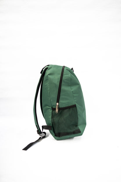 Green backpack with black accents on a white background

