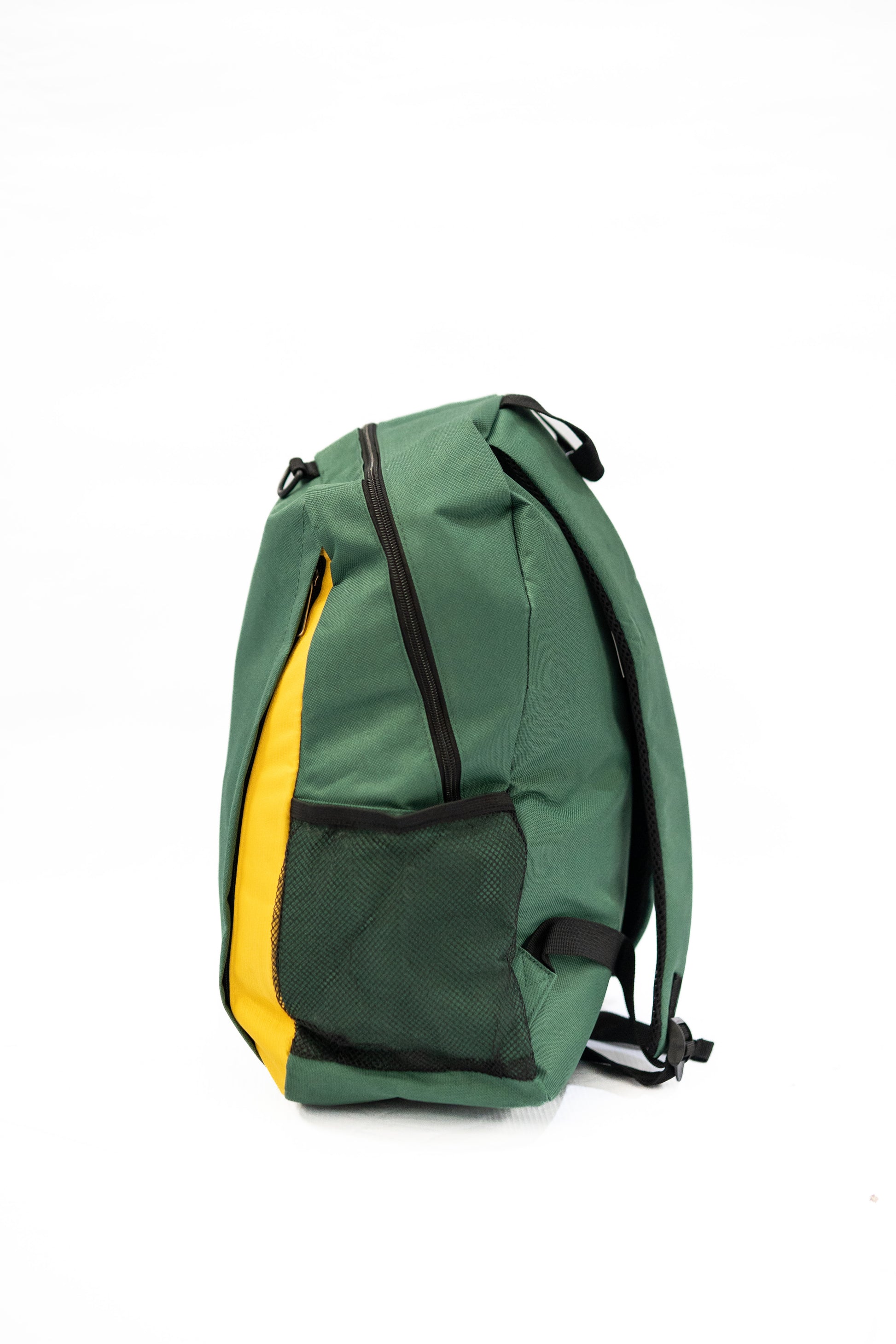Green backpack with a yellow stripe on a white background


