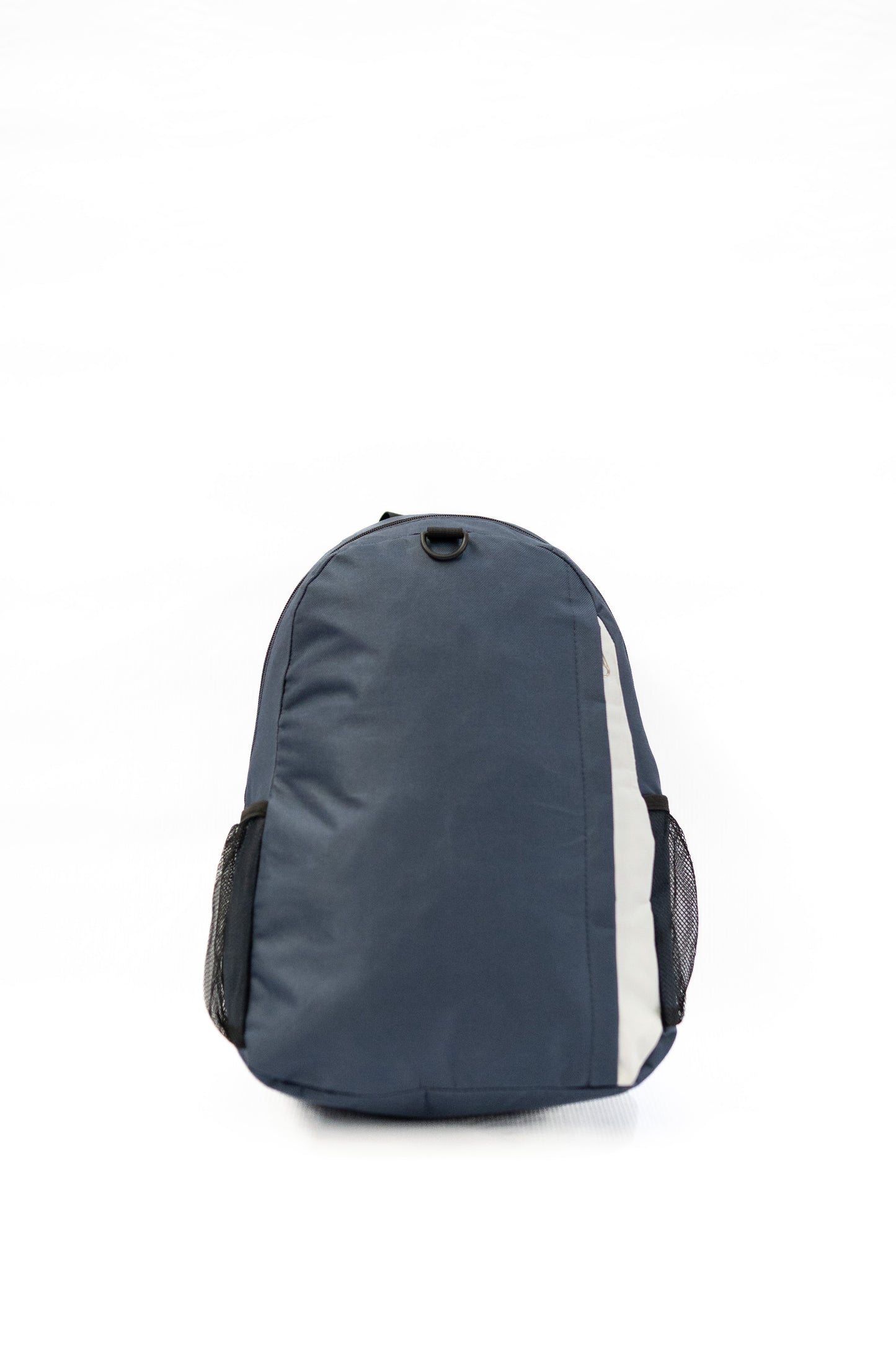 Blue backpack with a white stripe on a white background

