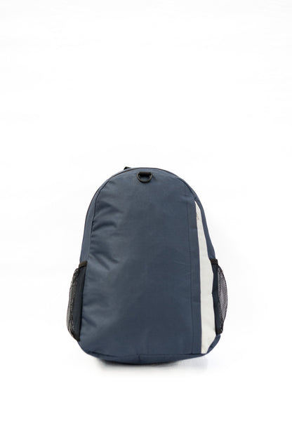 Blue backpack with a white stripe on a white background

