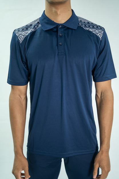 Navy blue polo shirt with patterned shoulders on a white background

