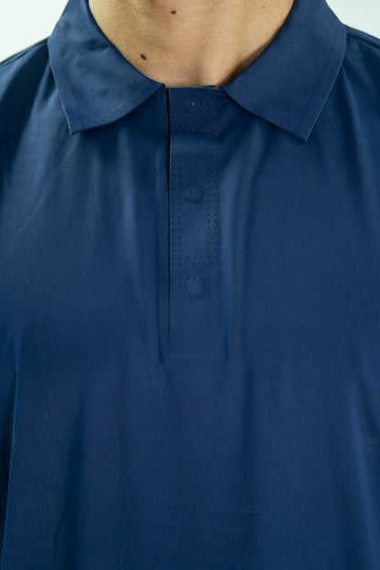 Close-up of a blue shirt with a collar on a plain background

