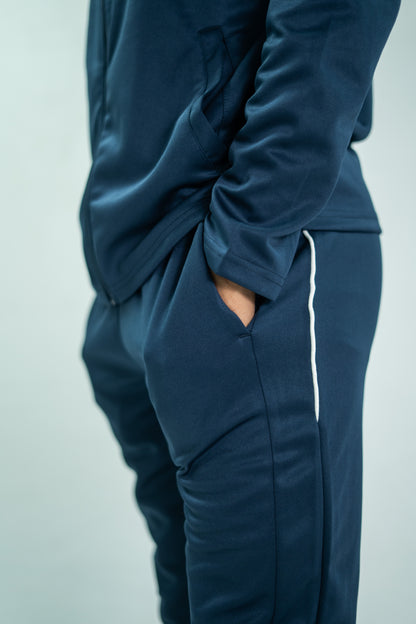 Navy blue outfit with a blurred background

