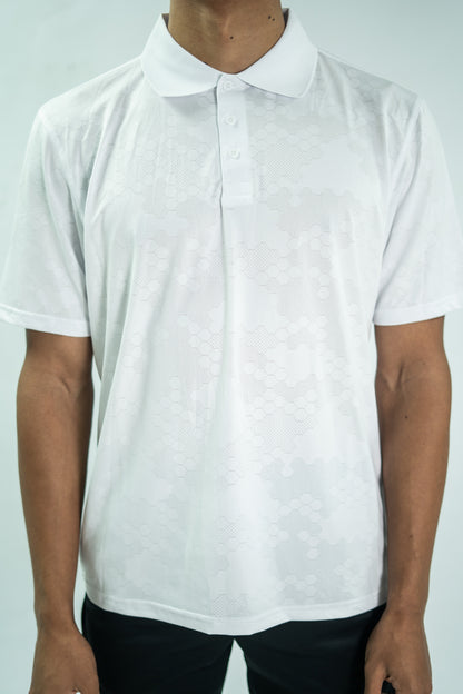 White short-sleeve shirt worn by a person on a light gray background

