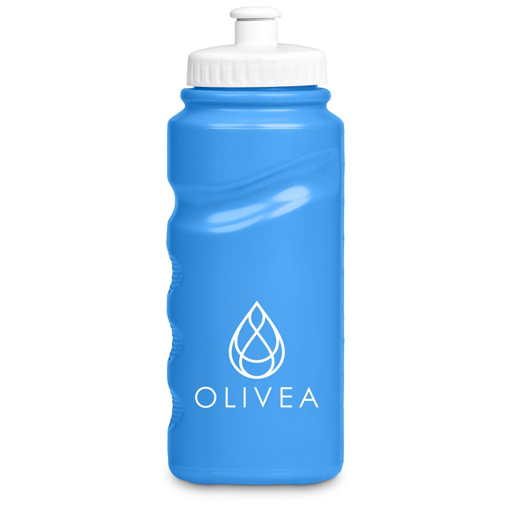 Blue water bottle with white cap and 'OLIVEA' logo on a white background

