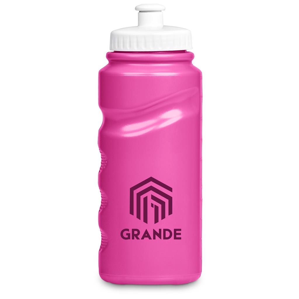 Pink water bottle with white cap and 'GRANDE' logo on a white background

