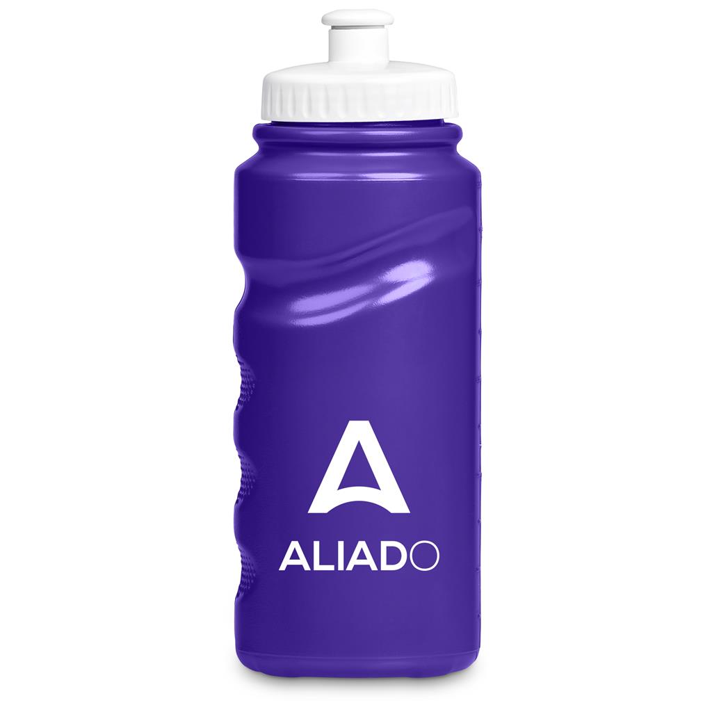 Purple water bottle with white cap and 'Aliado' logo on a white background

