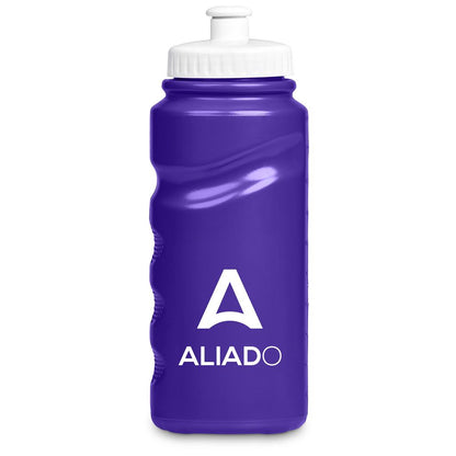 Purple water bottle with white cap and 'Aliado' logo on a white background


