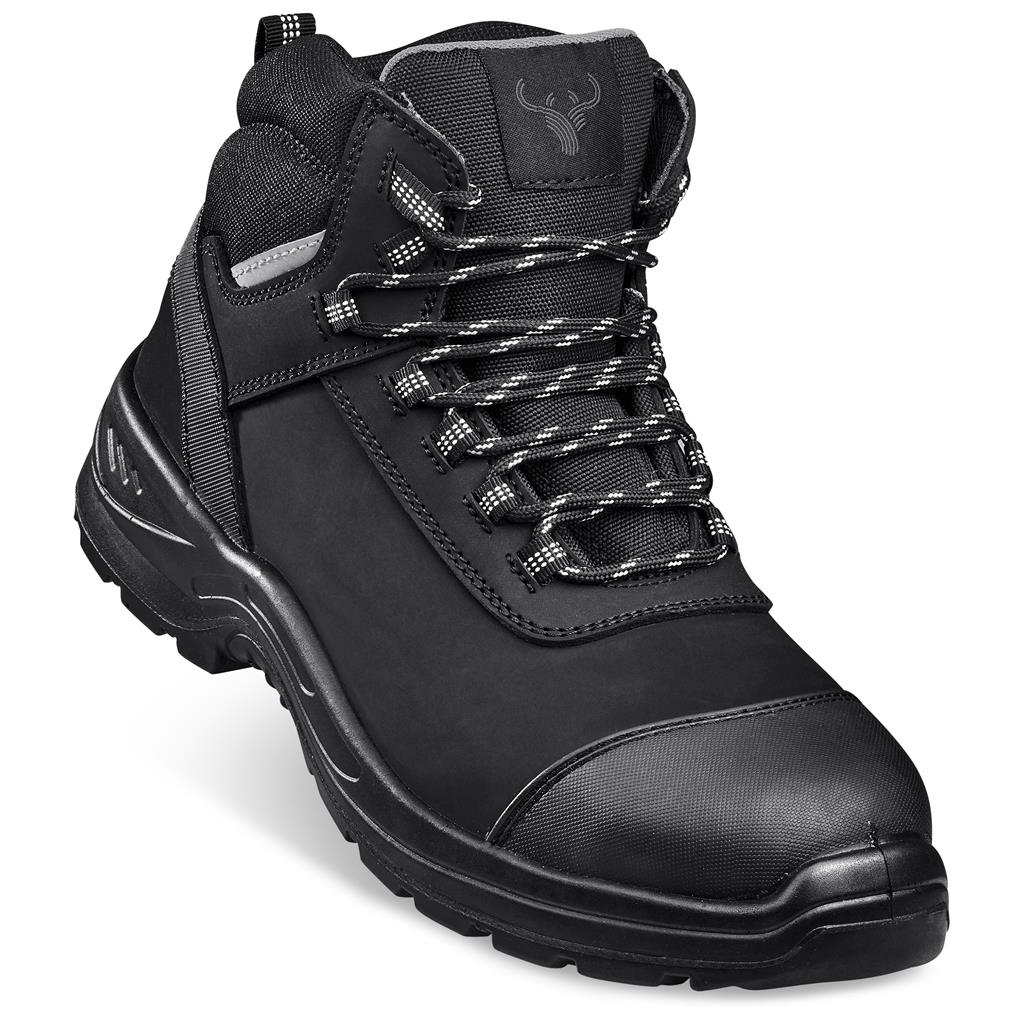 Black high-top boot with laces on a white background


