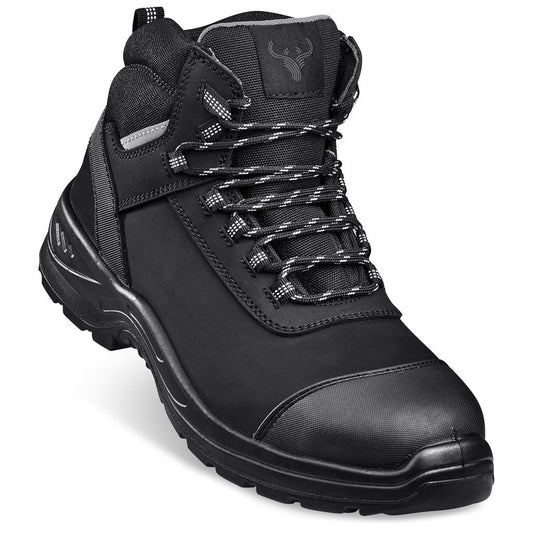 Black high-top boot with laces on a white background

