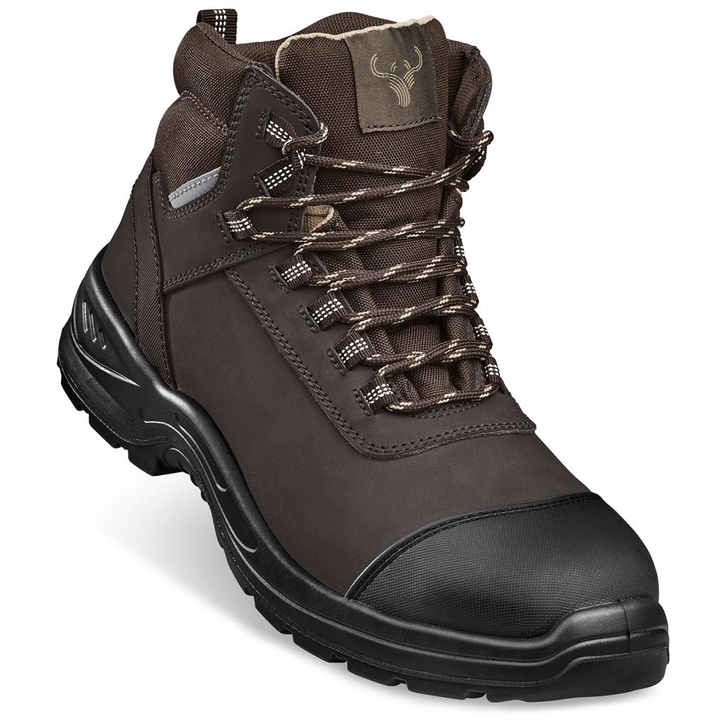 Brown hiking boot with black sole on a white background

