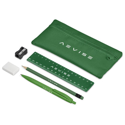 Green stationery set with pencil, ruler, eraser, sharpener, and pouch on a white background

