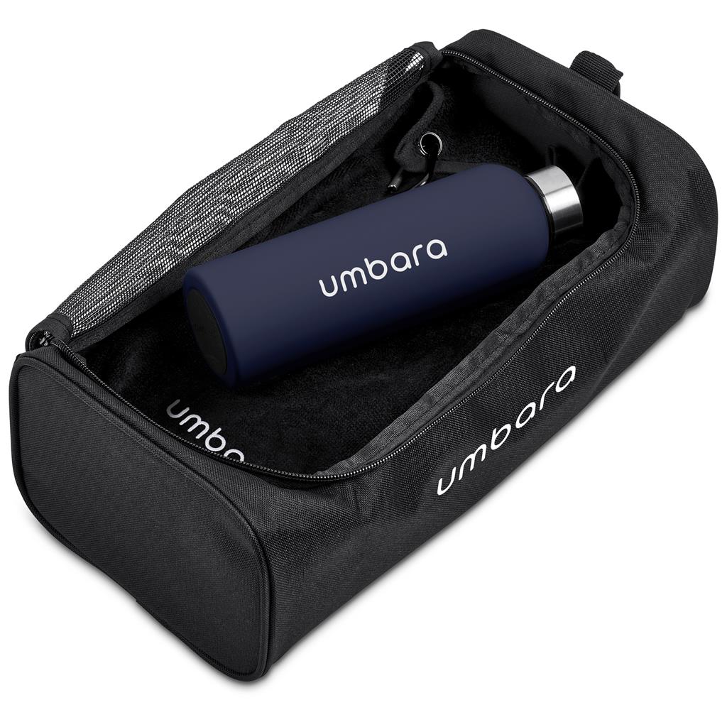 Black travel bag with a blueumbara water bottle inside on a white background

