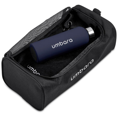 Black travel bag with a blueumbara water bottle inside on a white background

