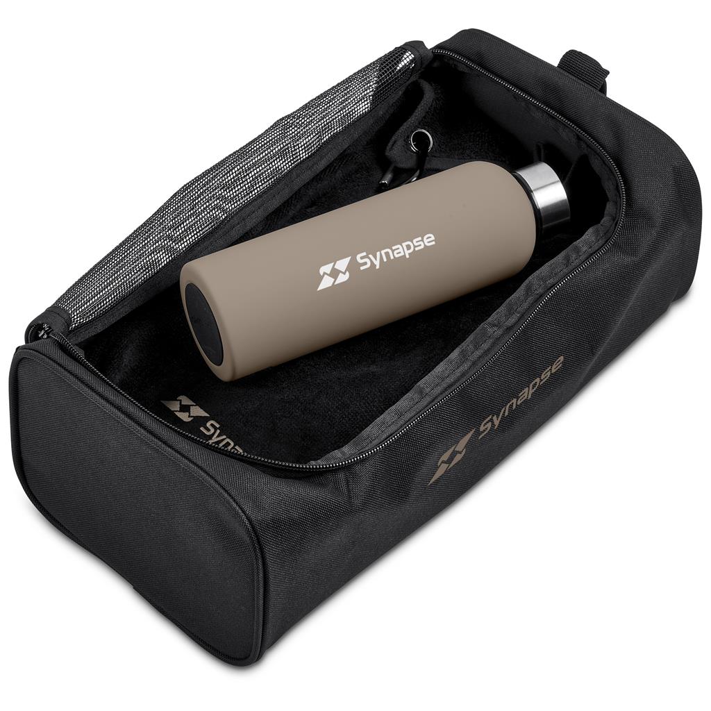 Black travel bag with a beige water bottle featuring 'Synapse' branding on a white background.


