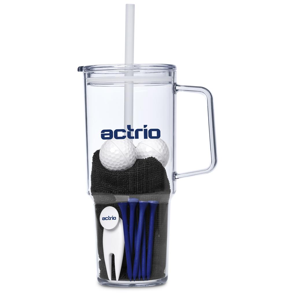 Clear tumbler with handle featuring golf-themed items and 'actrio' branding on a white background.


