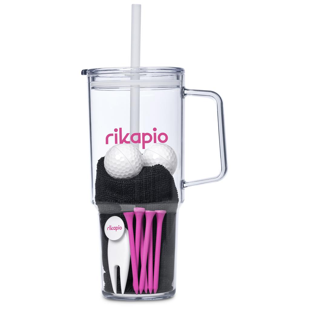 Clear tumbler with handle featuring golf-themed items and 'rikapio' branding on a white background.

