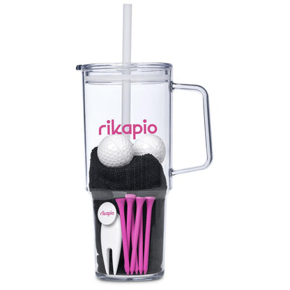 Clear tumbler with handle featuring golf-themed items and 'rikapio' branding on a white background.

