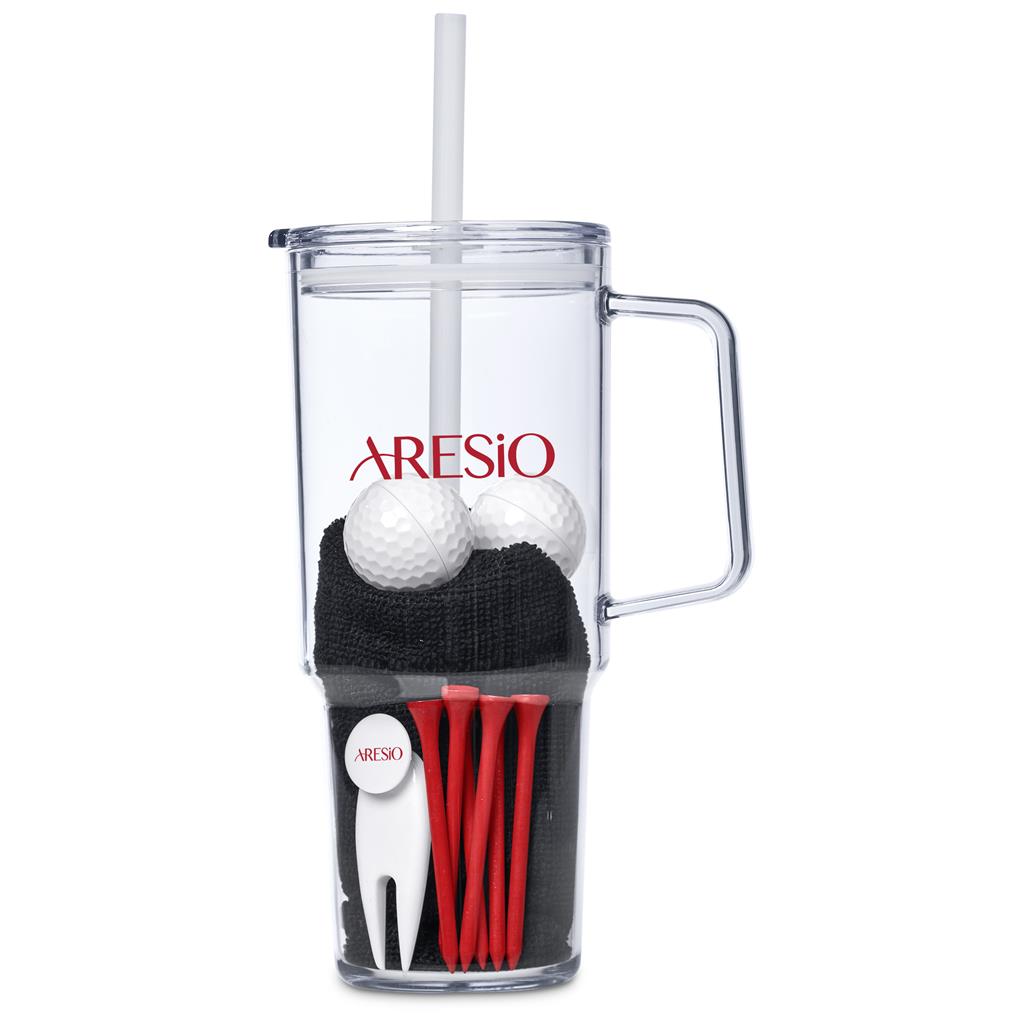 Clear tumbler with golf-themed items and Aresio branding on a white background

