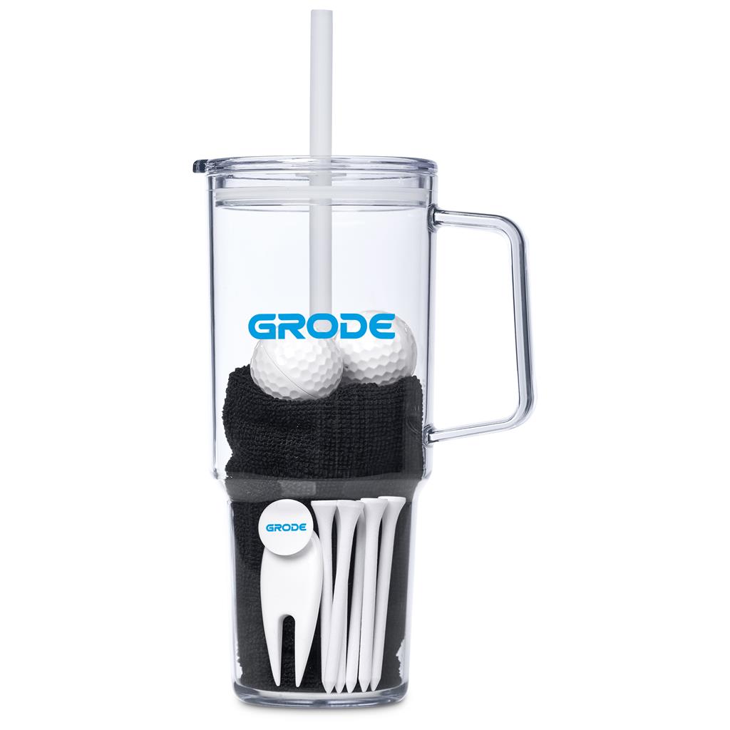Clear tumbler with handle, golf ball, black sleeve, and white straw on a white background

