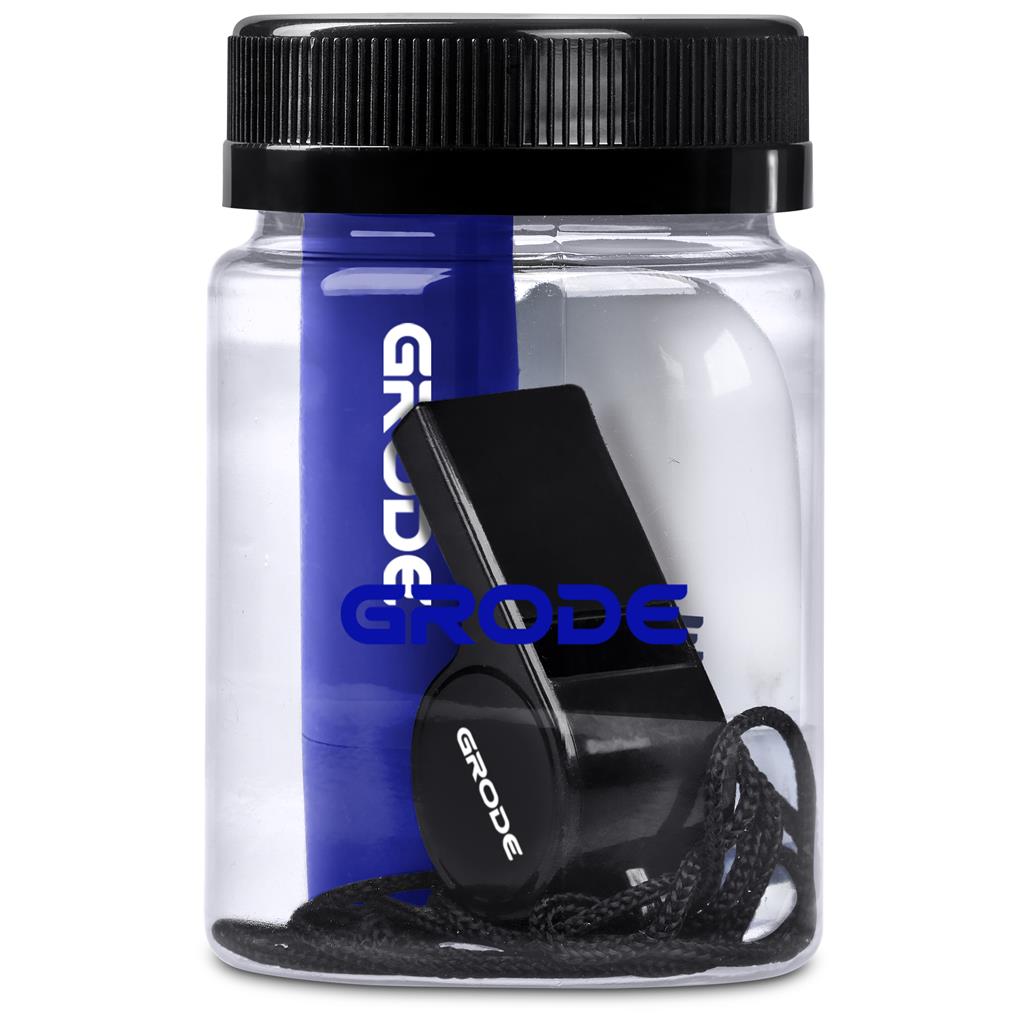 Black GRODE whistle in a clear container with black lid on a white background

