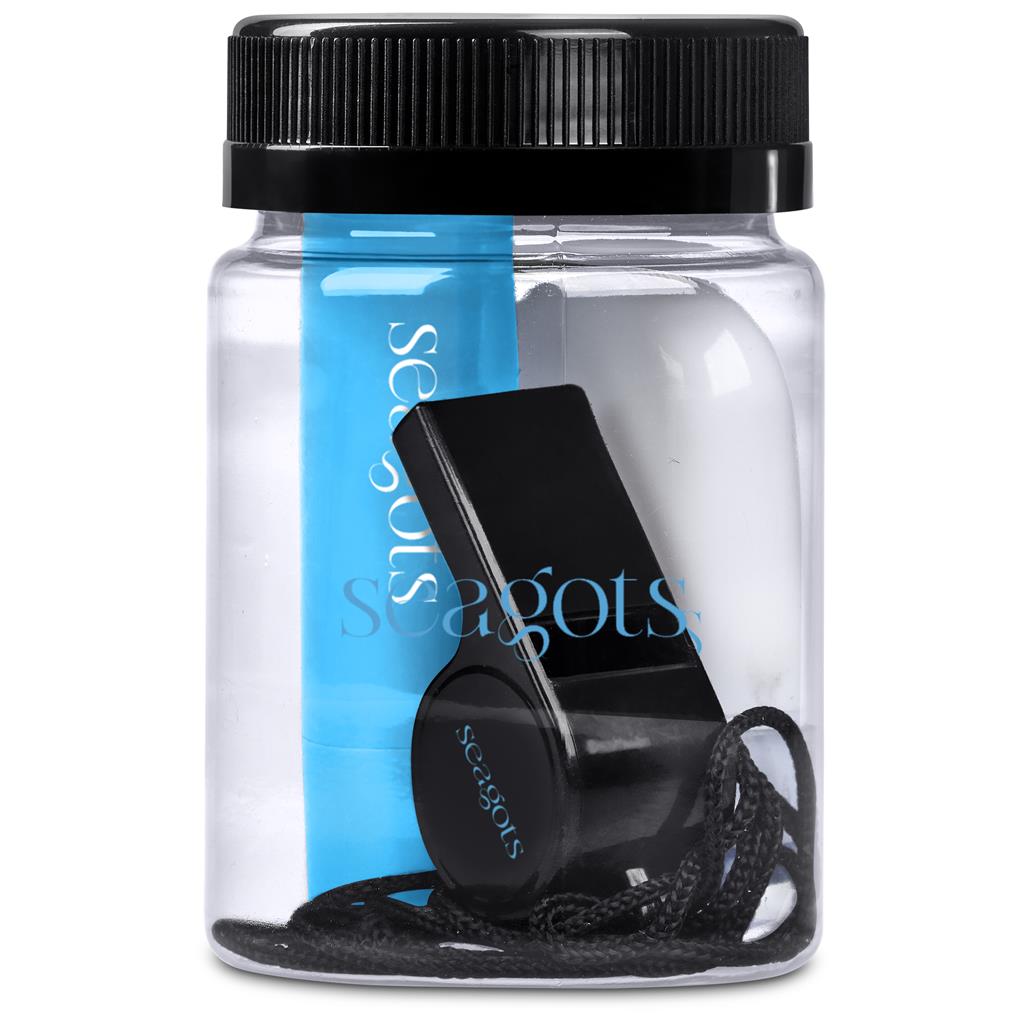 Black whistle in a clear container with a black lid, branded 'Segots'.

