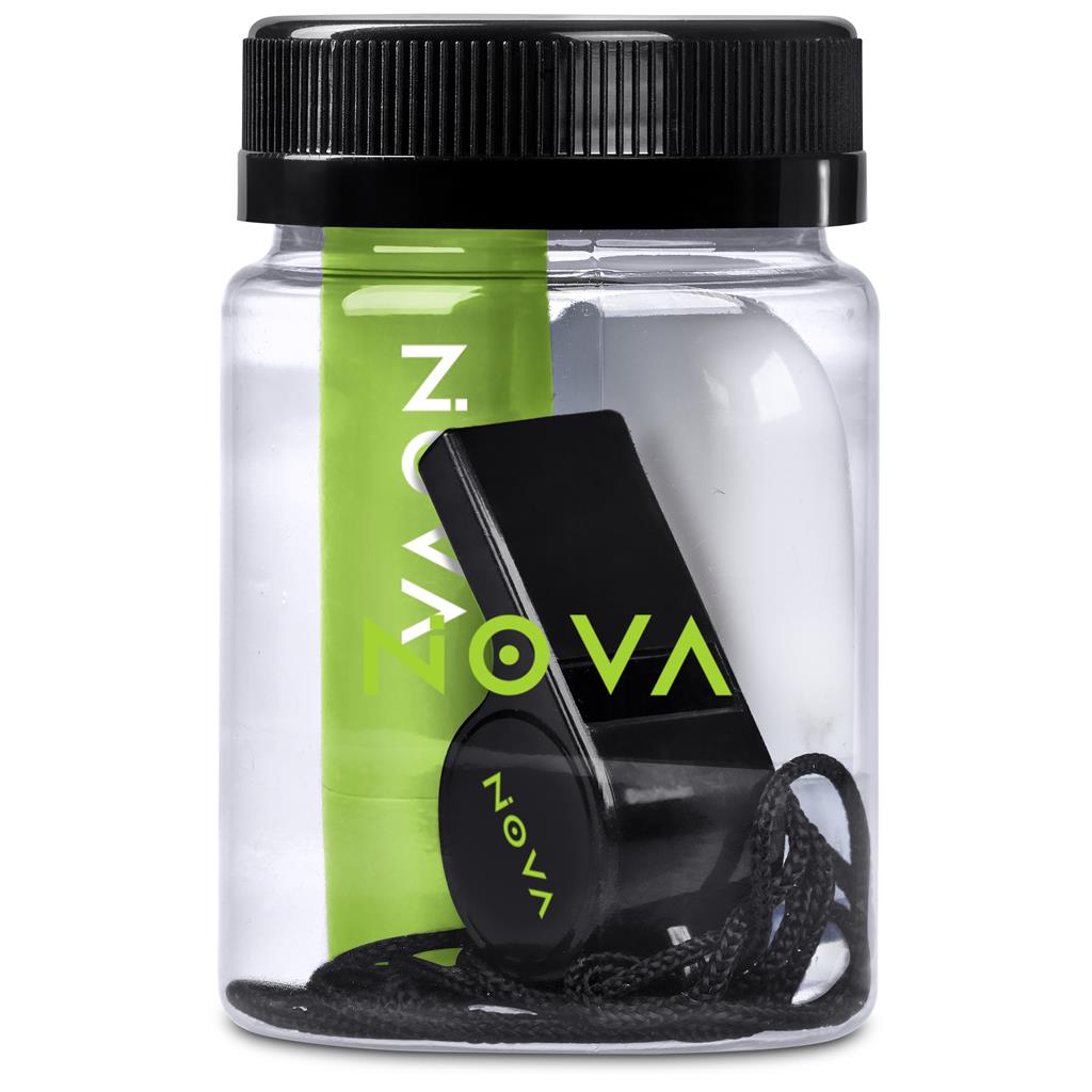 Black whistle with a lanyard in a clear container labeled 'NOVA' on a white background

