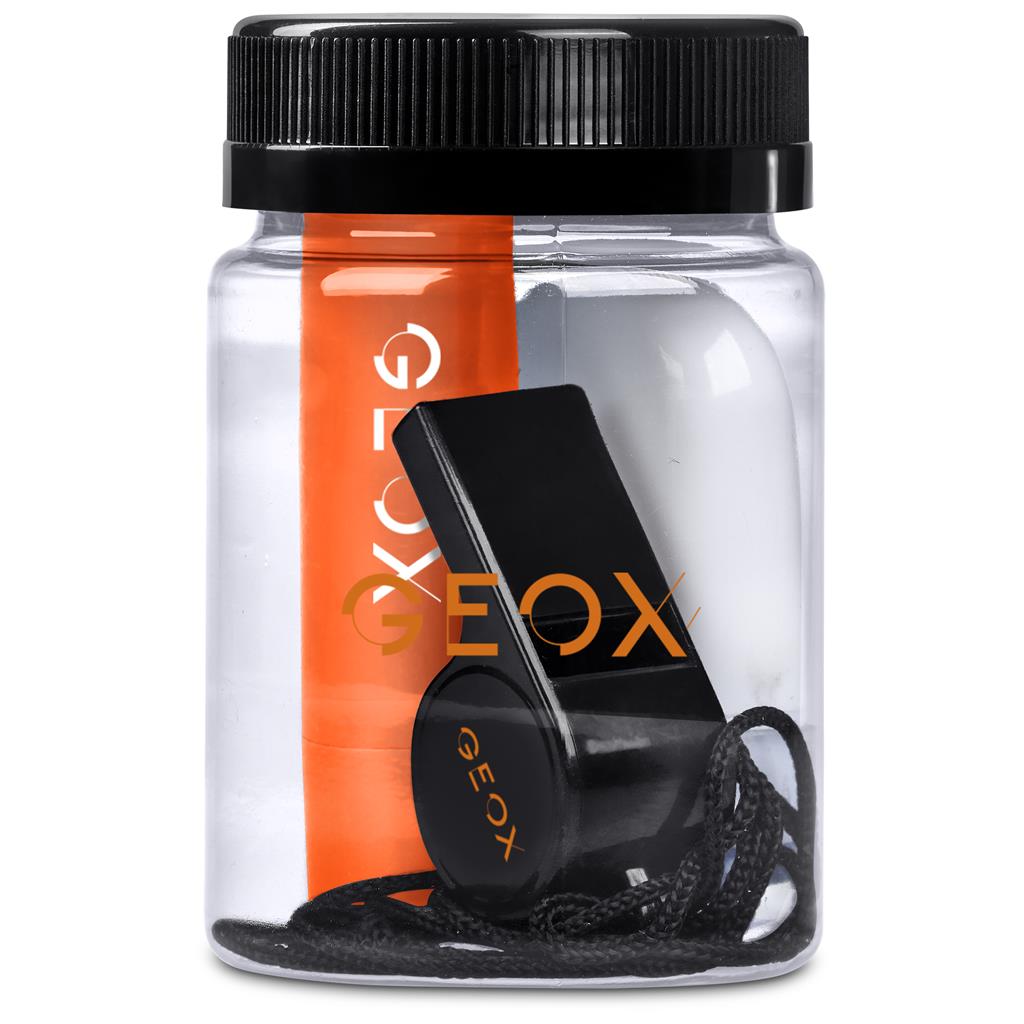 Black whistle with a lanyard in a clear container labeled 'GEOX' on a white background


