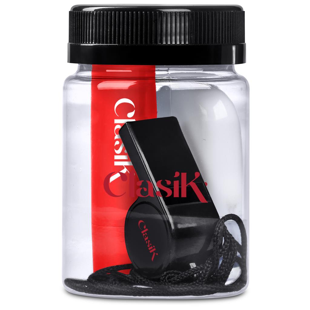 Black whistle with 'Crisly Kasik' branding inside a clear container on a white background

