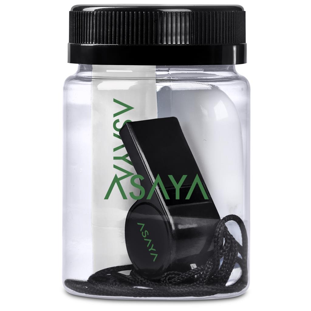 Clear container with black lid and whistle, featuring 'ASAYA' branding.

