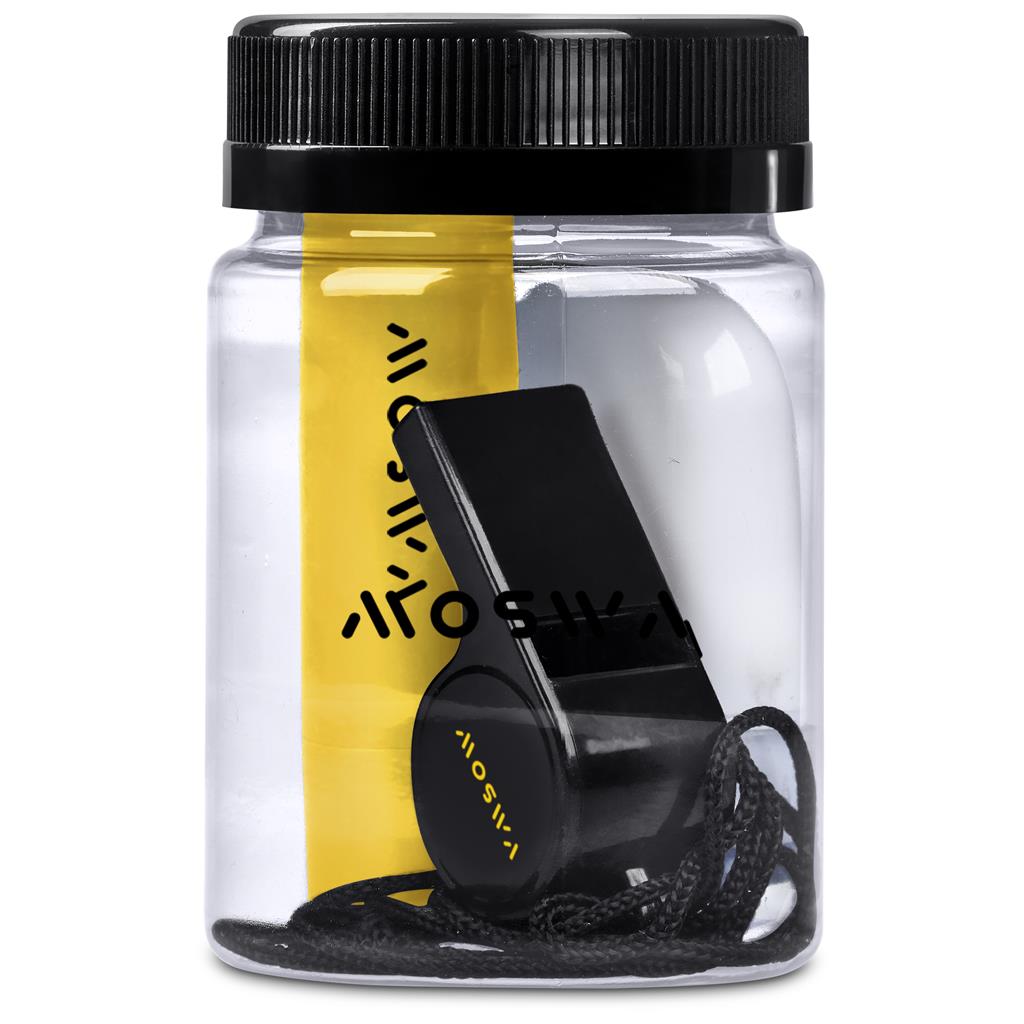 Black whistle in a clear container with a black lid on a white background

