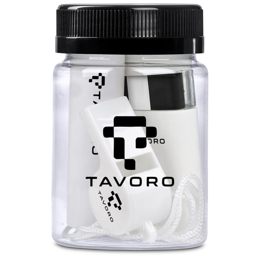 Tavoro product in a clear container with a black lid on a white background

