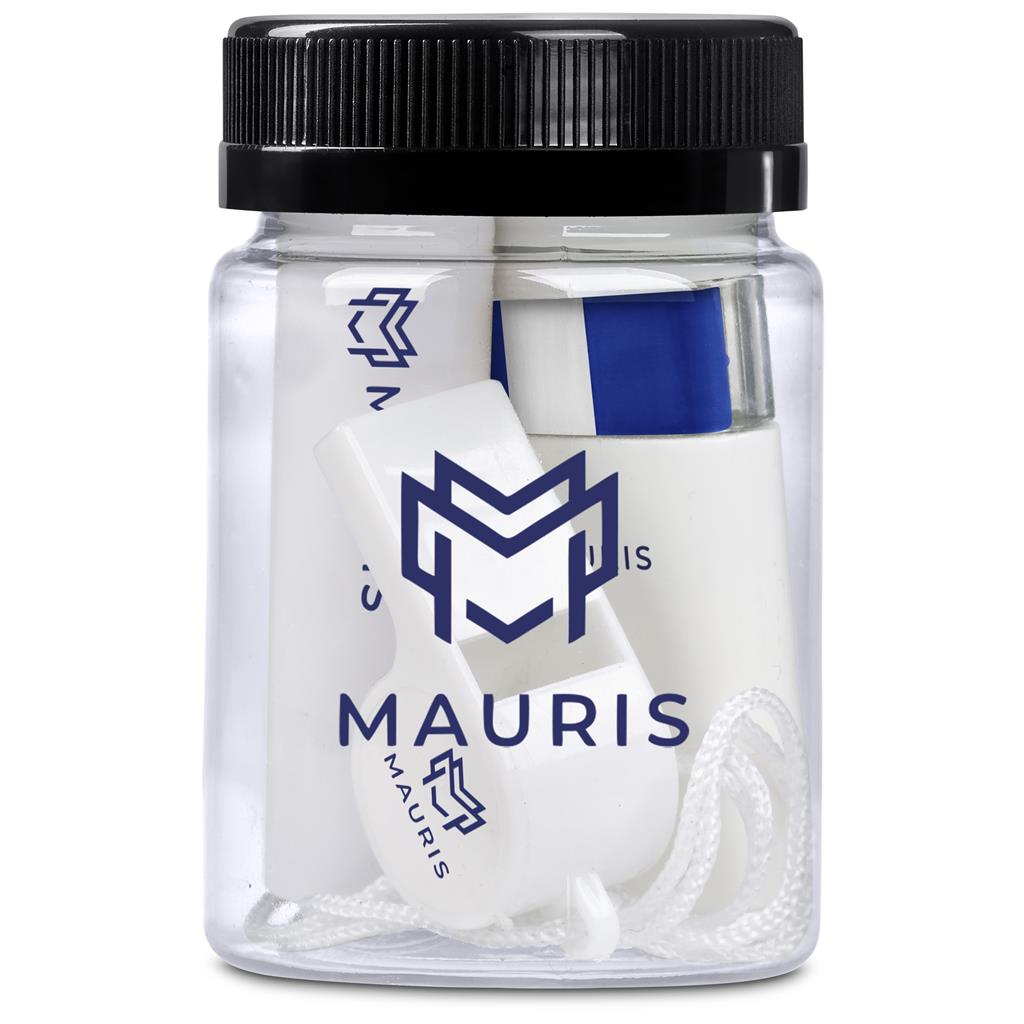 Jar of white balls with a black lid and 'MAURIS' branding on a white background

