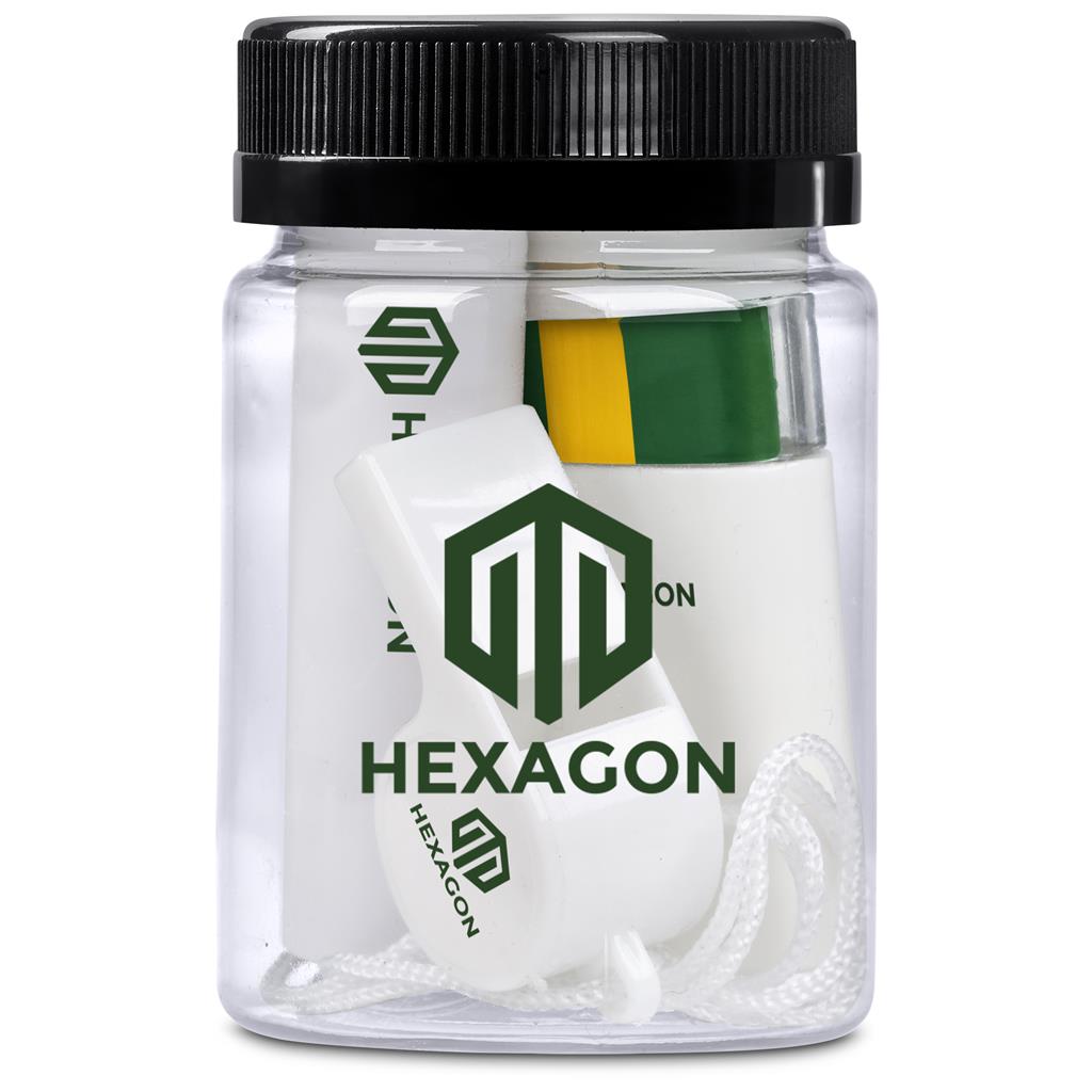 Hexagon branded dice set in a clear container with black lid on a white background

