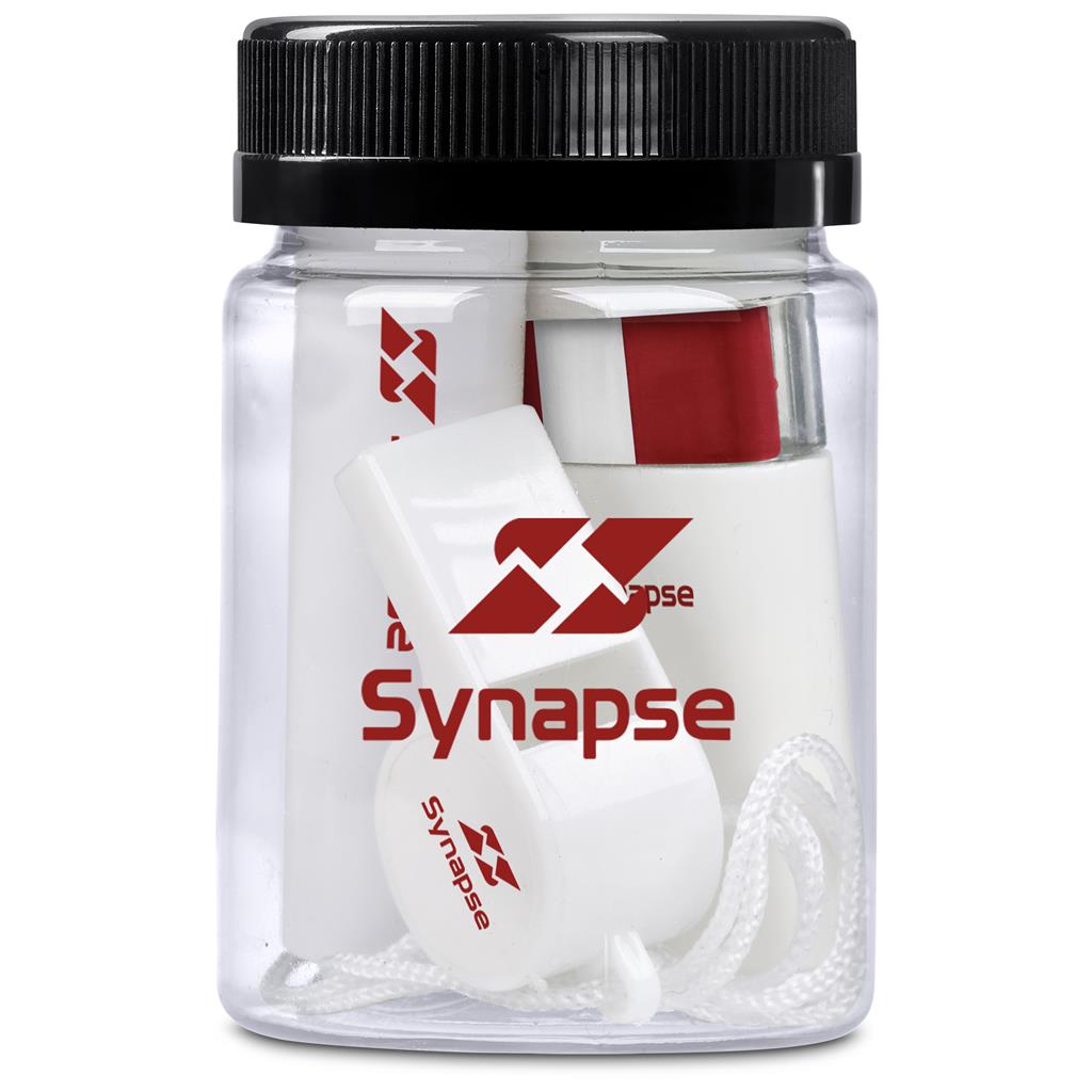 Clear container with white Synapse balls and a black lid on a white background

