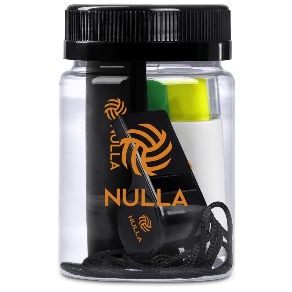 Clear container with NULLA branded items on a white background

