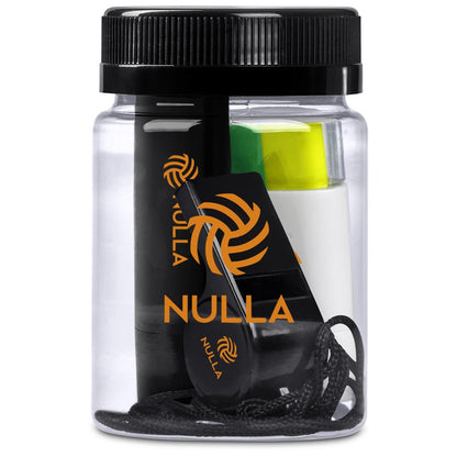 Clear container with NULLA branded items on a white background

