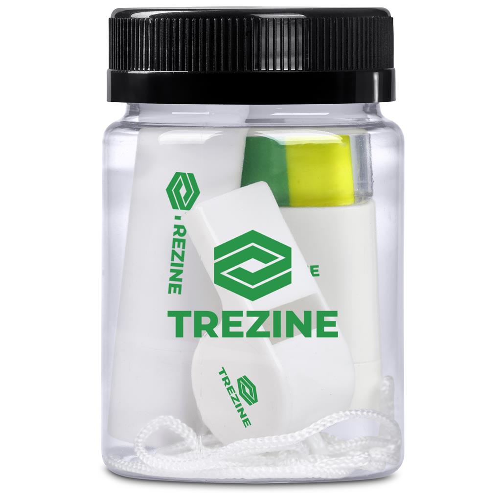 Clear container withTrezine branded items on a white background

