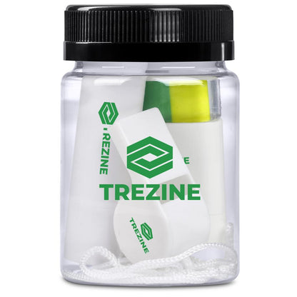 Clear container withTrezine branded items on a white background

