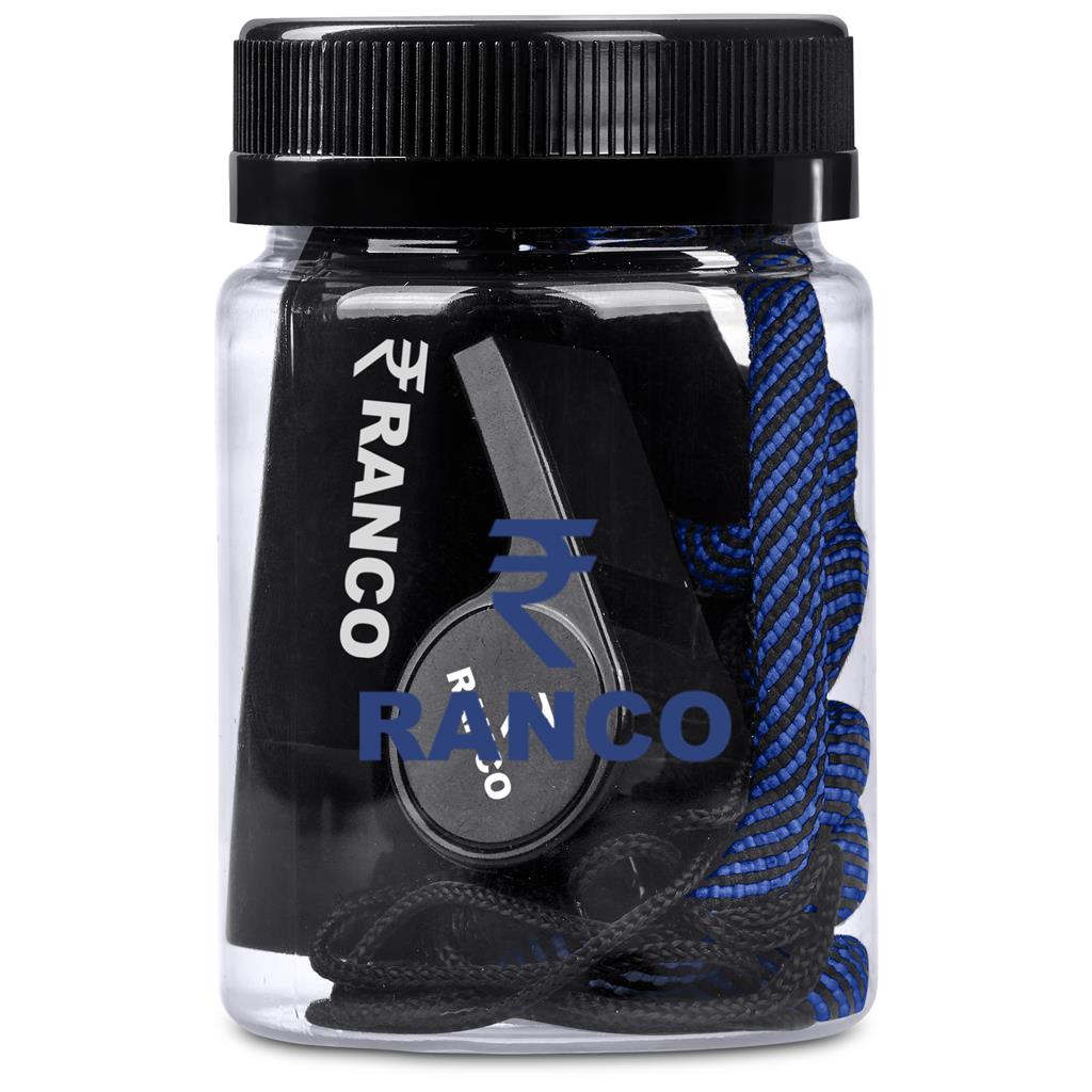 Clear jar with black lid containing black and blue shoelaces, branded 'Ranco'.

