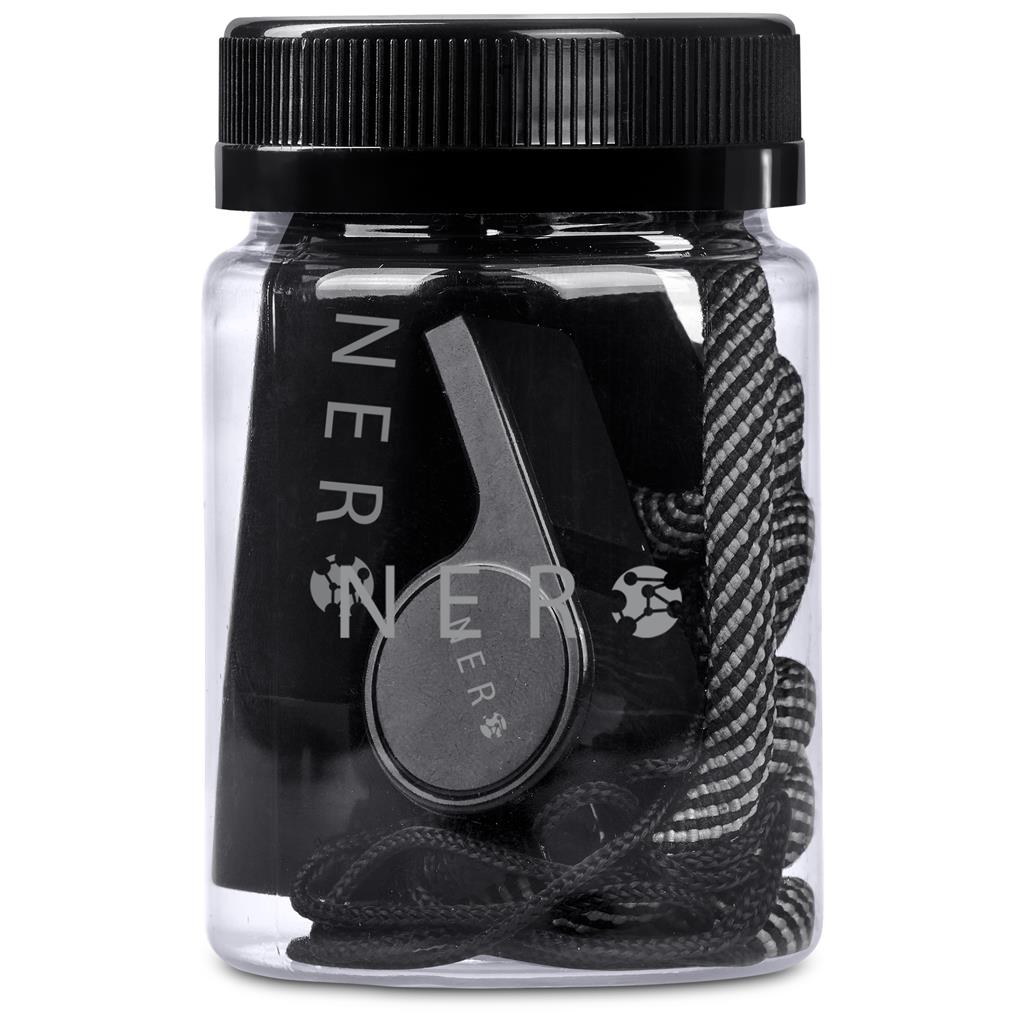 Clear container with black lid holding a black dog whistle and rope, branded 'LINER'.

