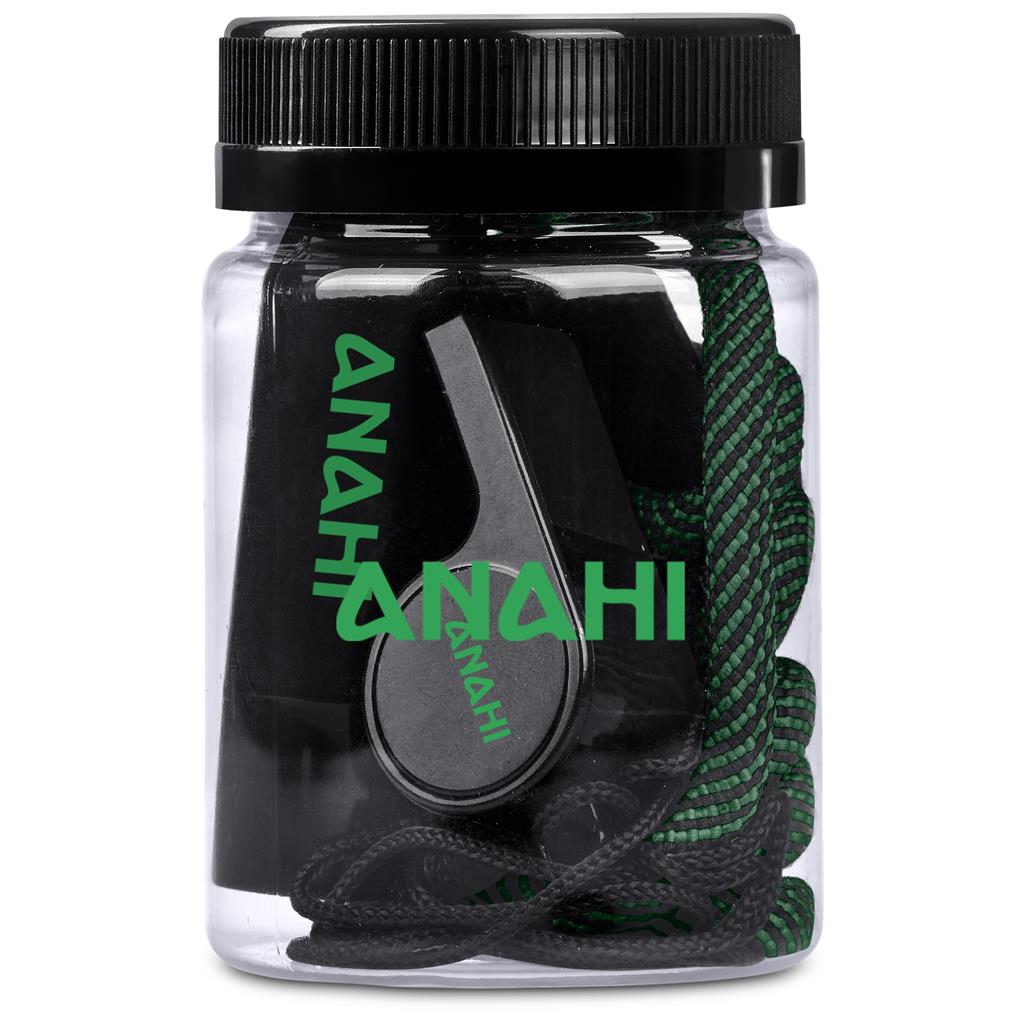 Clear jar with black lid containing black and green hair ties, branded 'ANAH' on a white background.

