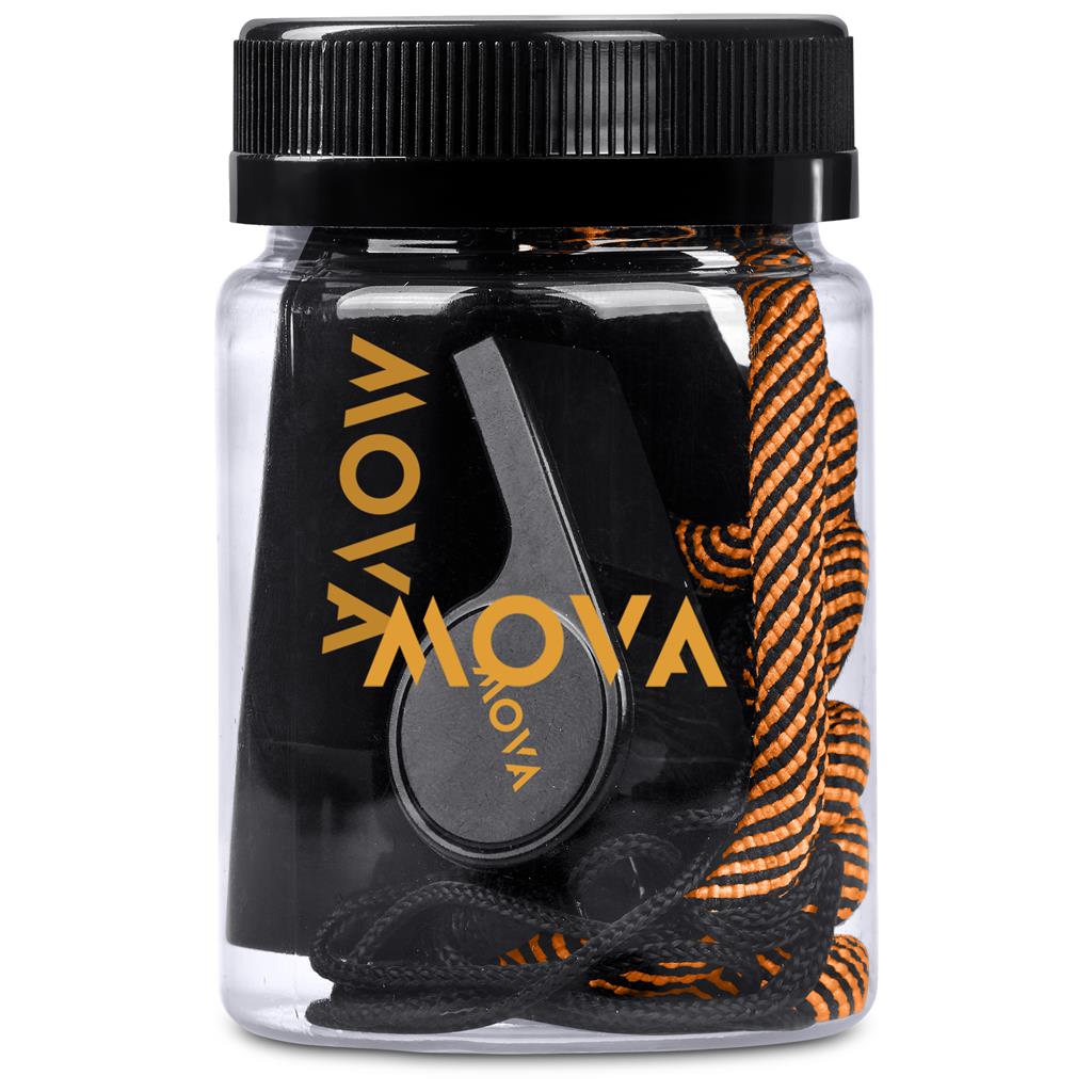 Jar of black and orange shoelaces with 'AVIATION' branding on a white background

