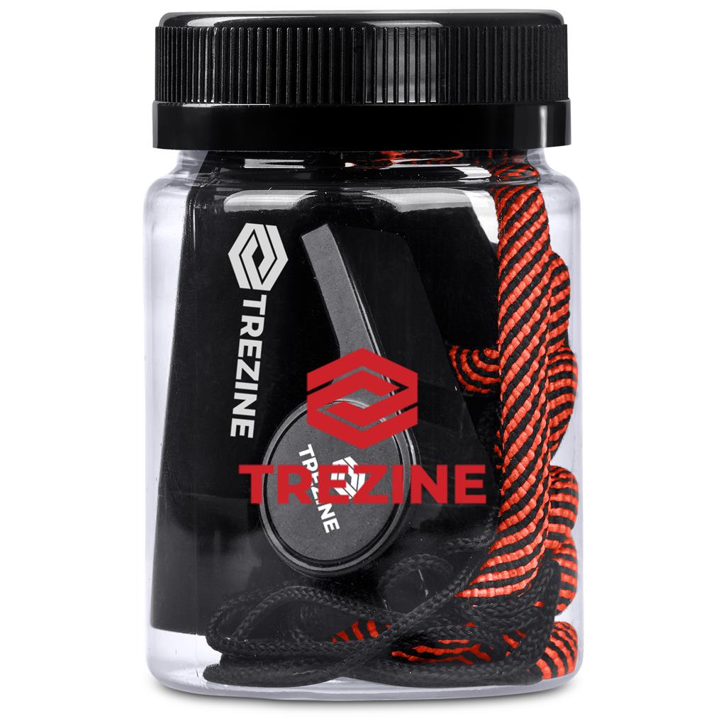 Jar of black and red shoelaces with Trezine branding on a white background

