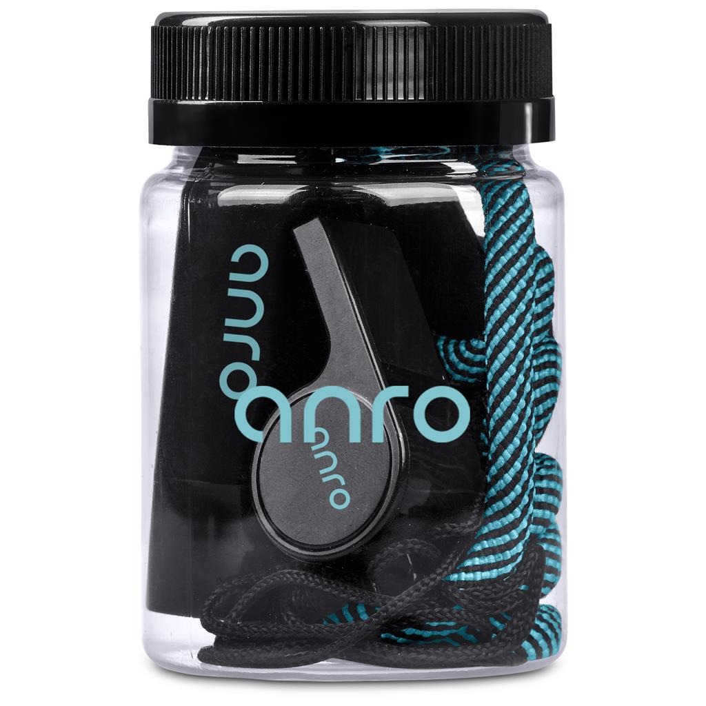 Clear container with black lid holding a black and blue shoelace, branded 'anro'.

