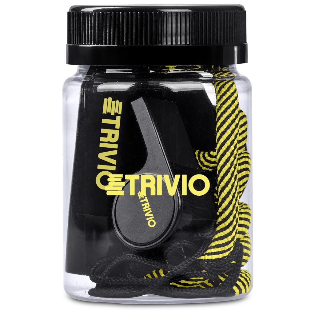 Jar of black and yellow shoelaces with Trivio branding on a white background

