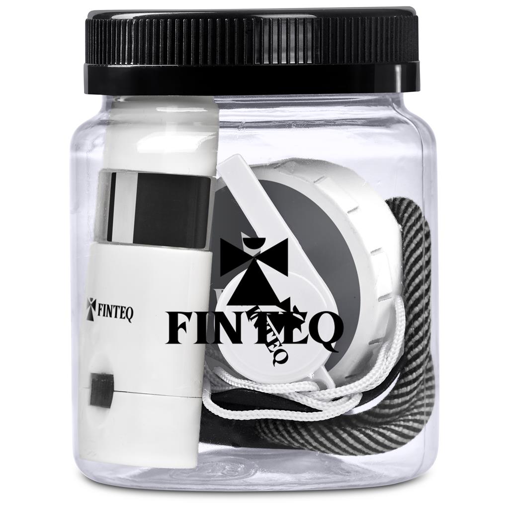 Clear jar with black lid containing Finteq branded items on a white background

