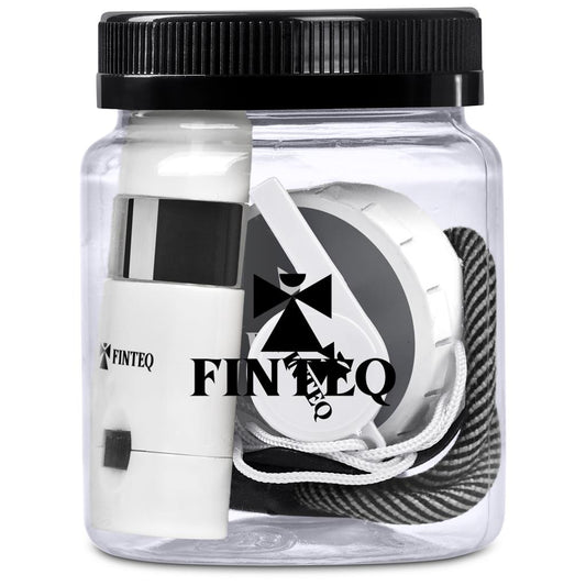 Clear jar with black lid containing Finteq branded items on a white background

